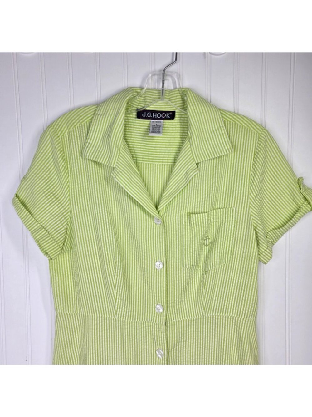 JG Hook Dress 8 Green Striped Seersucker Midi Button Up Nautical Coastal Casual - Picture 2 of 11